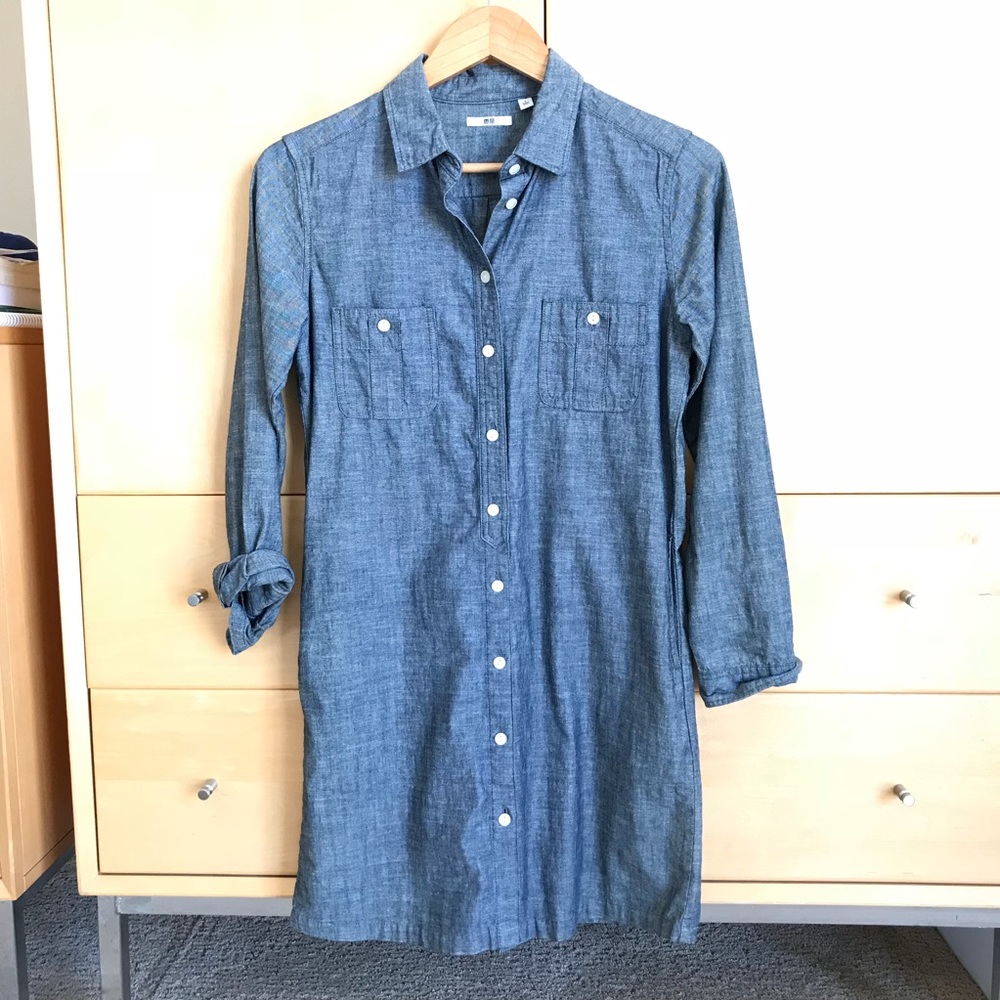 Chambray Denim Shirtdress w Pockets Small - Picture 4 of 5